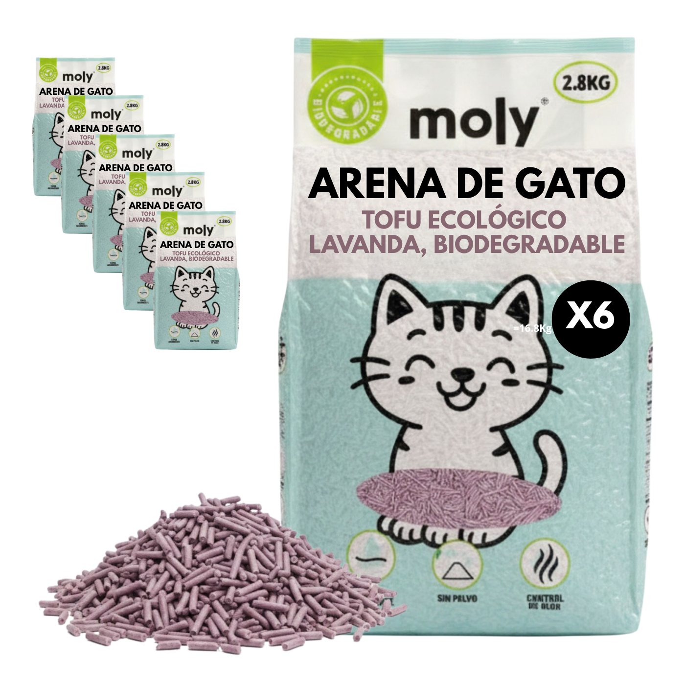 6x Arena de Gato Tofu Lavanda 16.8 kilos