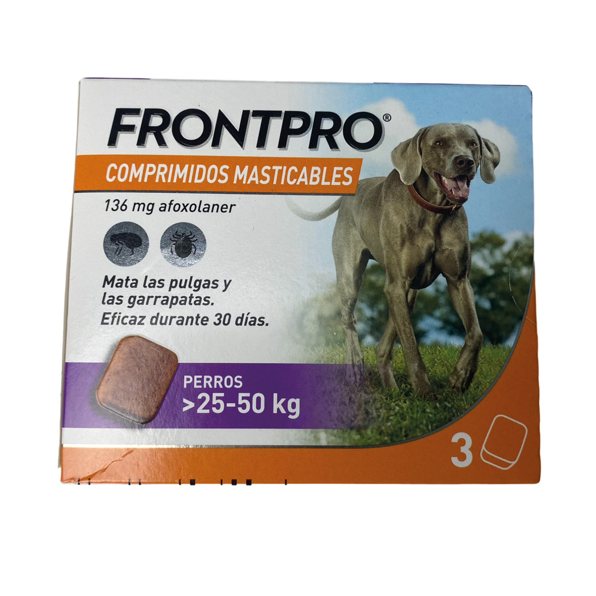 FRONTPRO 136 MG COMPRIMIDOS MASTICABLES PARA PERROS DE 25 A 50 KG | 3 COMPRIMIDOS | ANTIPARASITARIO CONTRA PULGAS Y GARRAPATAS
