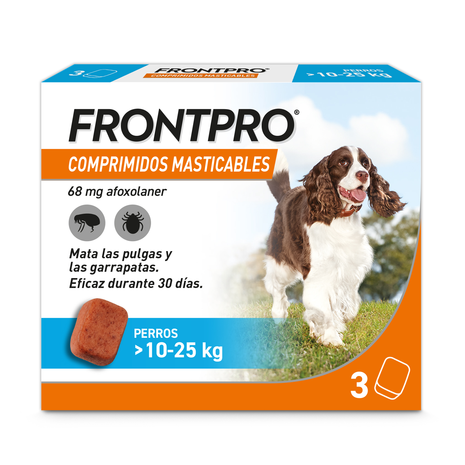 FRONTPRO 68 MG COMPRIMIDOS MASTICABLES PARA PERROS DE 10 A 25 KG | 3 COMPRIMIDOS | ANTIPARASITARIO CONTRA PULGAS Y GARRAPATAS