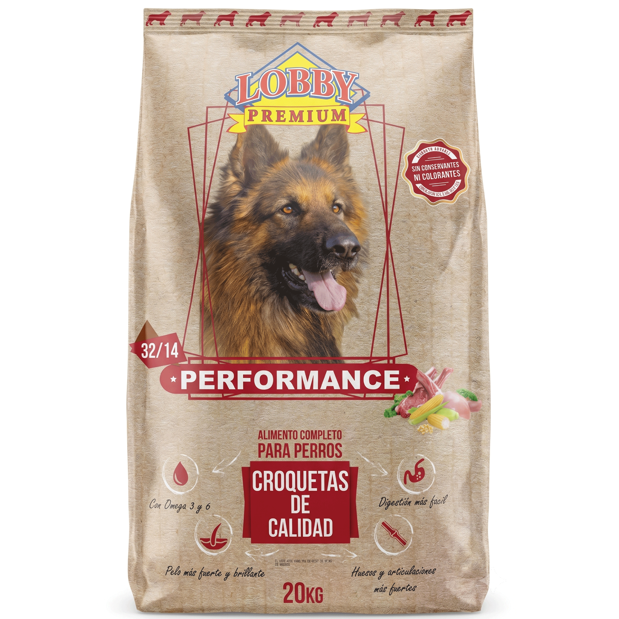 LOBBY PREMIUM PERFORMANCE 32/14 20 KG | ALIMENTO COMPLETO PARA PERROS ADULTOS ACTIVOS