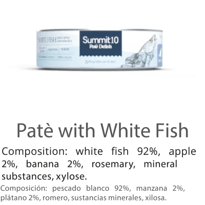 SUMMIT 10 PATÉ DELISH WITH WHITE FISH FOR CATS 85 G | ALIMENTO HÚMEDO PREMIUM PARA GATOS CON PESCADO BLANCO, MANZANA Y PLÁTANO