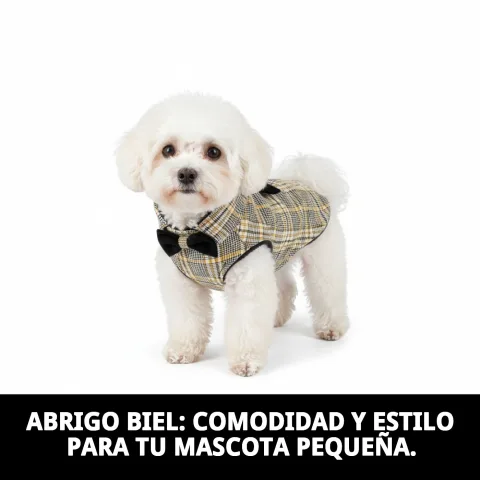 Petit chien portant le manteau Biel T-XXS lors d'une promenade en extérieur