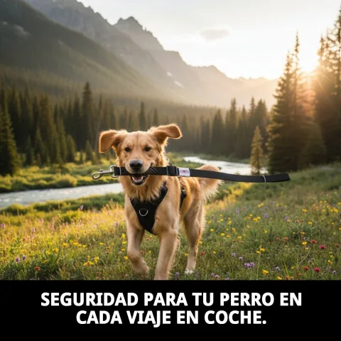 Perro sujeto con acople cinturón de seguridad en el vehículo