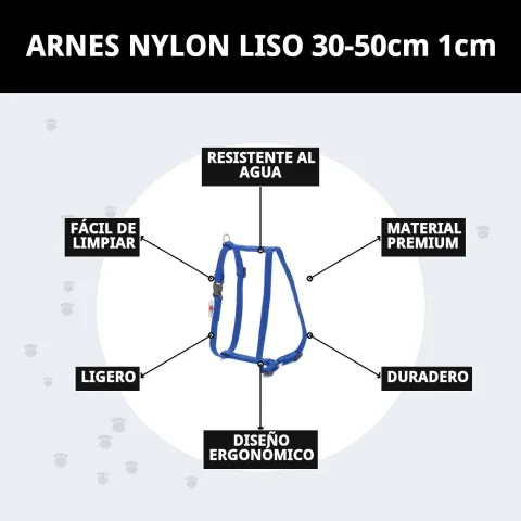 Presentación del arnés nylon liso con etiqueta Mar Mascotas