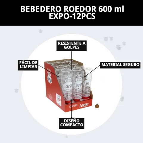 Bebedero roedor 600 ml mostrando nivel de agua y montaje seguro
