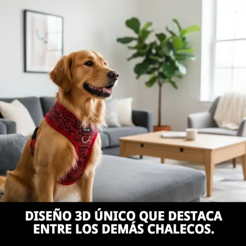 Chaleco 3D casitas rouges porté par un chien de taille moyenne