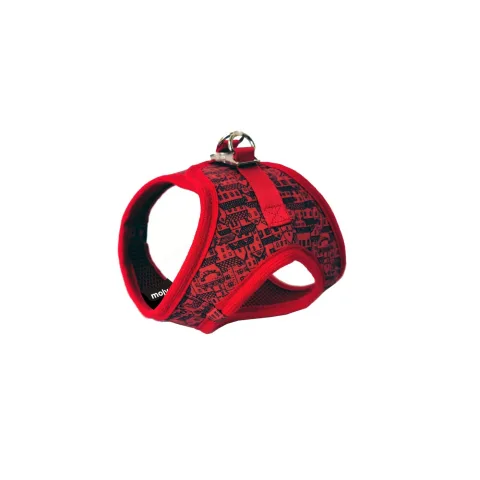 Détail du motif petites maisons rouges sur gilet pour chiens