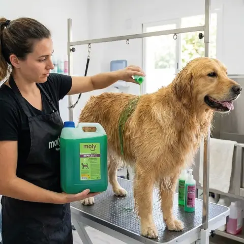 Détail de l'emballage du shampoing professionnel pour chiens
