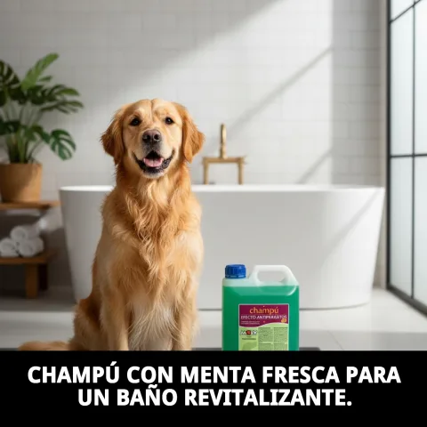 Application du shampoing Menta Fresh sur pelage mouillé de chien