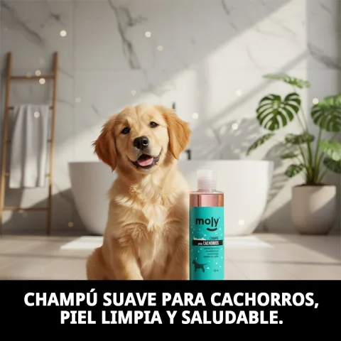 Detalle del envase con etiqueta del champú Moly para pieles sensibles