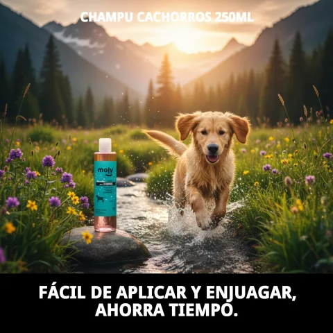 Aplicación de champú Moly en cachorro con cuidado y suavidad