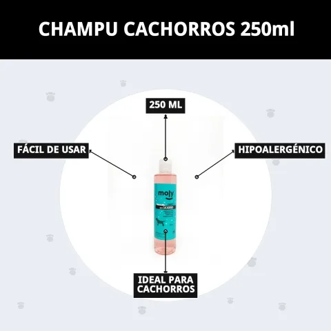 Champú para cachorros Moly sobre fondo blanco con gotas de agua