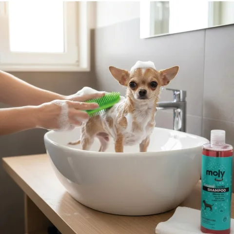 Shampoing Moly pour peaux sensibles avec étiquette visible