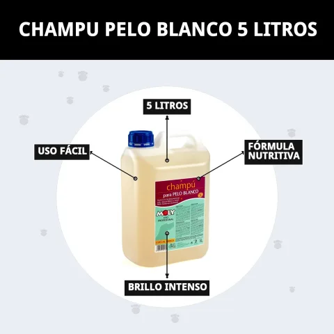 Vista general del producto Champú Pelo Blanco Moly 5 litros en Mar Mascotas