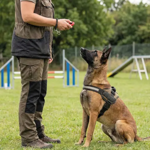 Vue latérale du Clicker Training avec design compact et mousqueton intégré