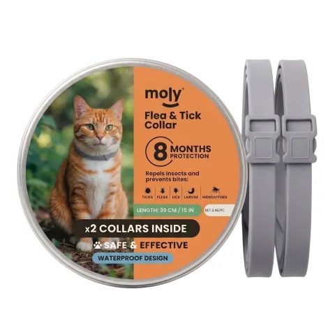 Detalle del collar antiparasitario MOLY con diseño ajustable para gatos