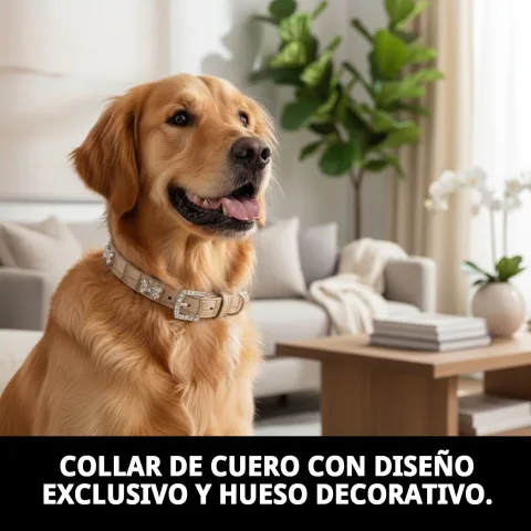 Vista lateral del collar de cuero con hueso para perros