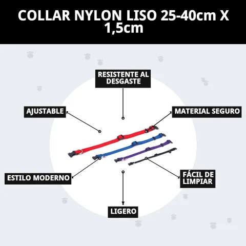 Collar nylon liso para perros con rango de ajuste 25 a 40 cm