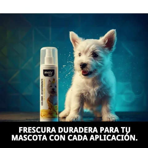 Colonia desodorante Moly junto a accesorios de peluquería para perros