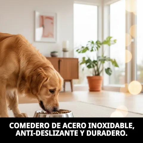 Comedero acero inoxidable en uso con alimento seco para mascotas
