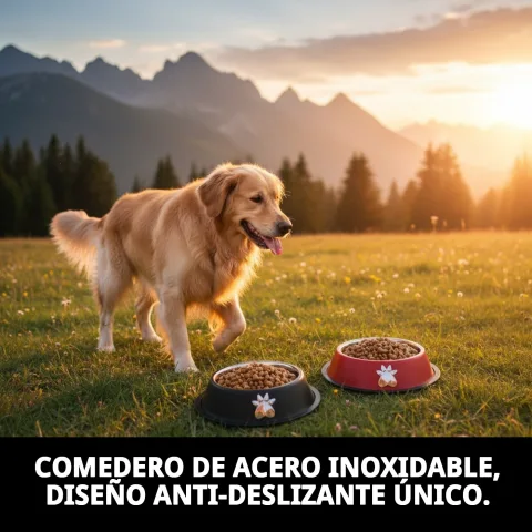 Vista lateral comedero acero inoxidable Motif en superficie estable
