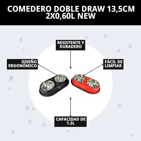 Vista superior del comedero doble Draw con capacidad 2x0,60L