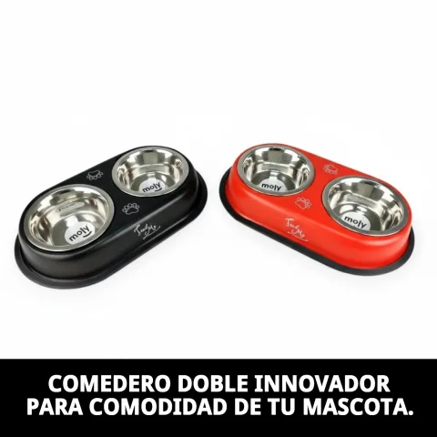 Perro comiendo en comedero doble Draw de acero inoxidable
