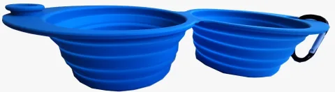 Comedero plegado y desplegado mostrando capacidad para agua y comida