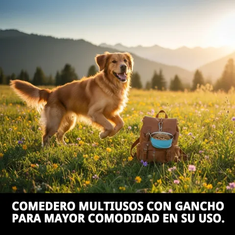 Comedero multiusos con gancho colocado en soporte para mascotas