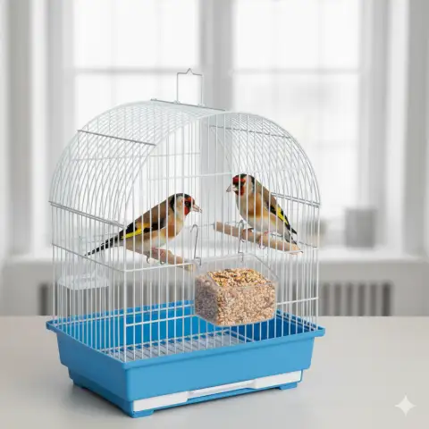 Détail de la fixation par fils métalliques de la mangeoire pour perroquets