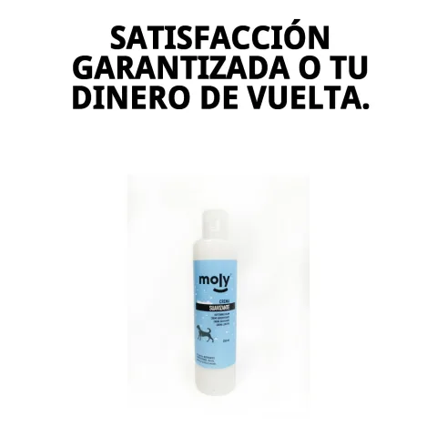 Envase de crema suavizante Moly junto a accesorios de peluquería para perros