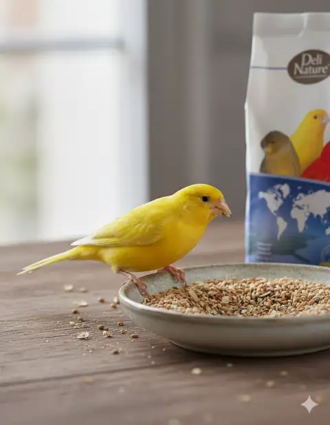 Canaris mangeant l'aliment Deli Nature Canaris Base