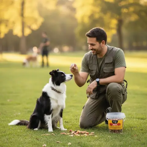 Perro disfrutando de Delicias Huesitos y Corazones como premio