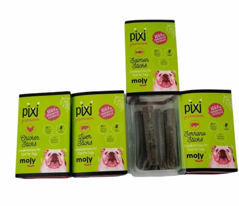 Détail des barrettes naturelles au jambon pour chiens en expositor