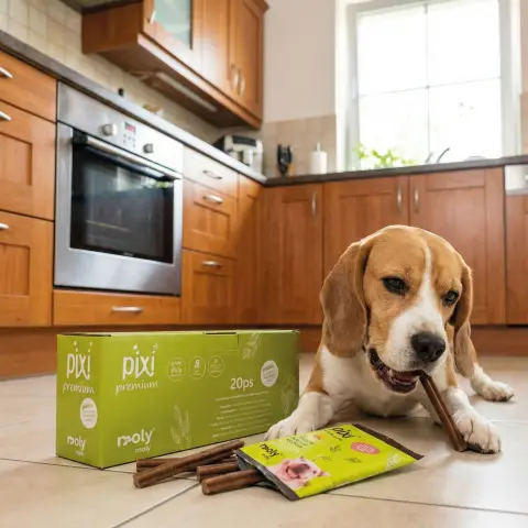 Présentation de l'expositor avec barrettes snack au jambon pour chiens