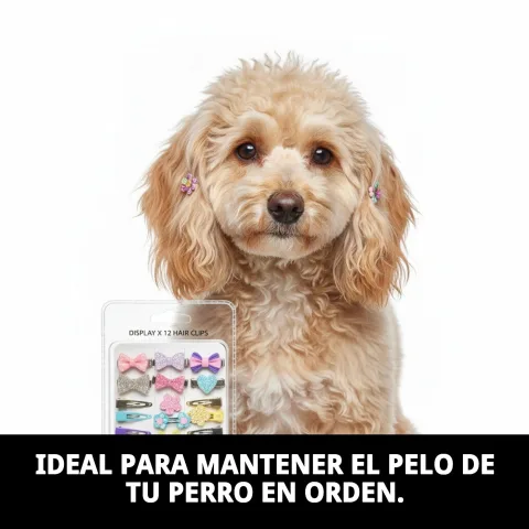 Clip sujetando mechón de pelo largo de perro