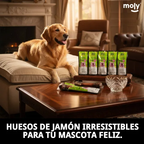 Chien profitant d'un os de jambon Moly