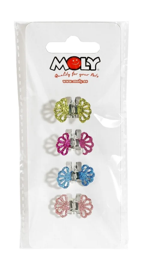Expositor compacto con pinzas Moly organizadas para peluquería canina