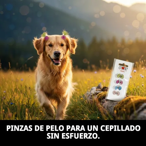 Vista lateral del expositor Moly con pinzas de pelo para perros