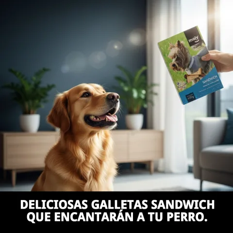 Perro disfrutando snack galleta sándwich rellena Moly