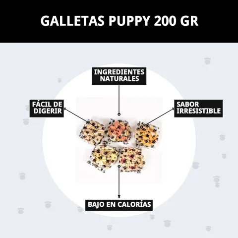 Presentación de 200 g de Galletas Puppy Moly para perros