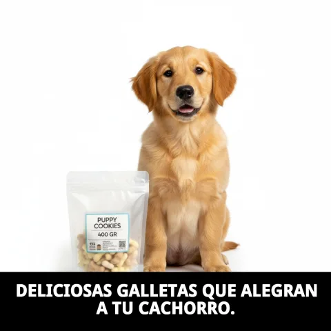 Galletas Puppy Moly junto a un cuenco de agua para cachorro
