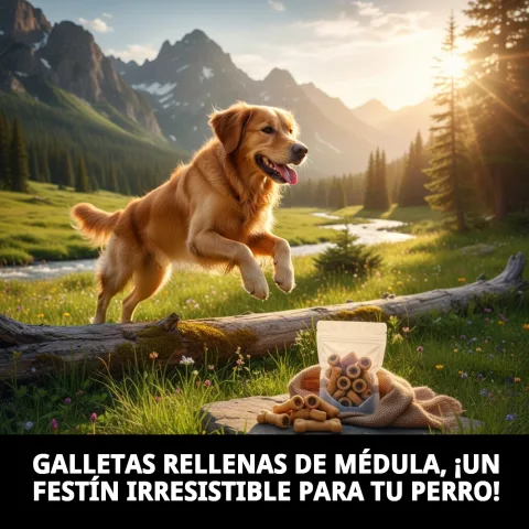 Perro disfrutando de una galleta rellena médula como premio