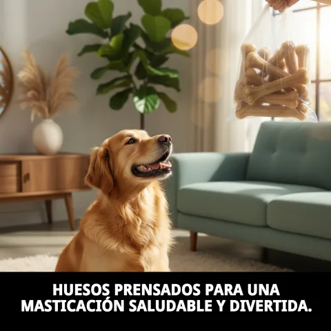 Perro grande disfrutando hueso prensado natural