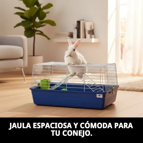 Detalle de bandejas extraíbles para limpieza fácil en jaula conejo