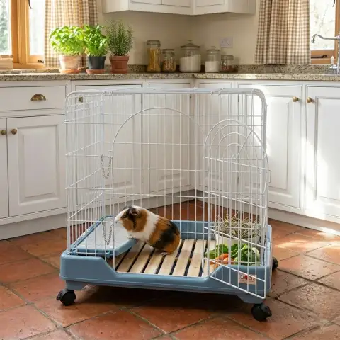 Vue latérale de la cage pour petits rongeurs avec roulettes pivotantes pour une mobilité aisée