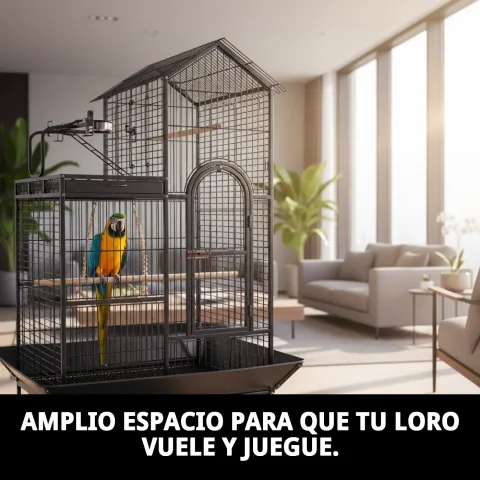 Perchoirs et mangeoires inclus dans la cage pour guacamays