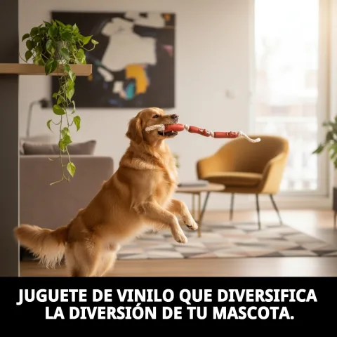 Perro jugando con juguete vinilo ristra salchicha