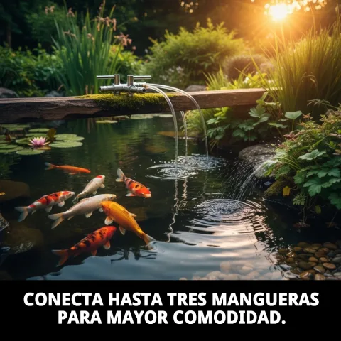 Llave metálica conectada a tres mangueras diferentes