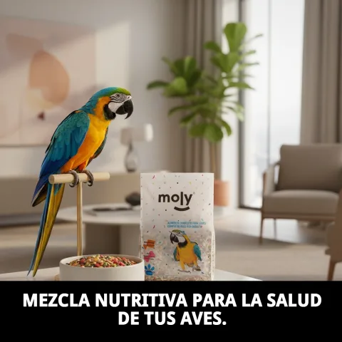 Mixtura para loros y cotorras Moly en bol de alimentación